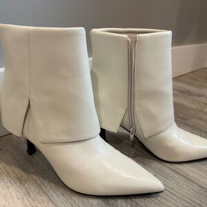 Nine West Cream Pointed Ankle Boots with Side Zip and kitten heel